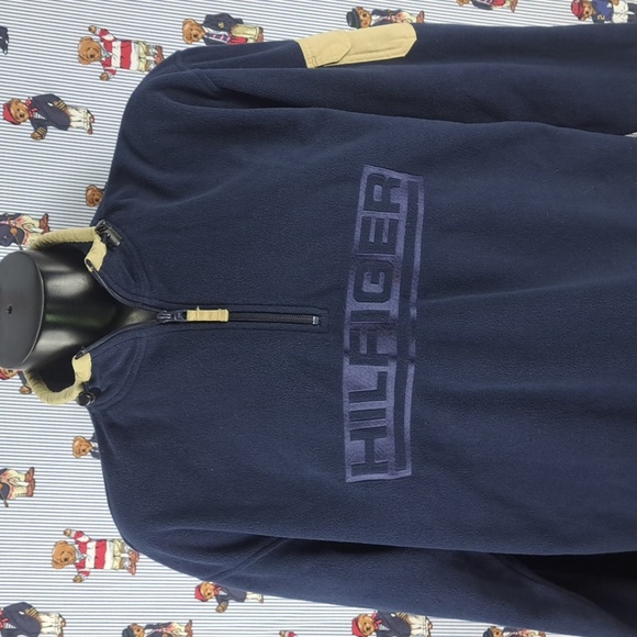 Vintage Tommy Hilfiger spellout 1/4 zip LG casual navy blue fleece pullover - Picture 1 of 9